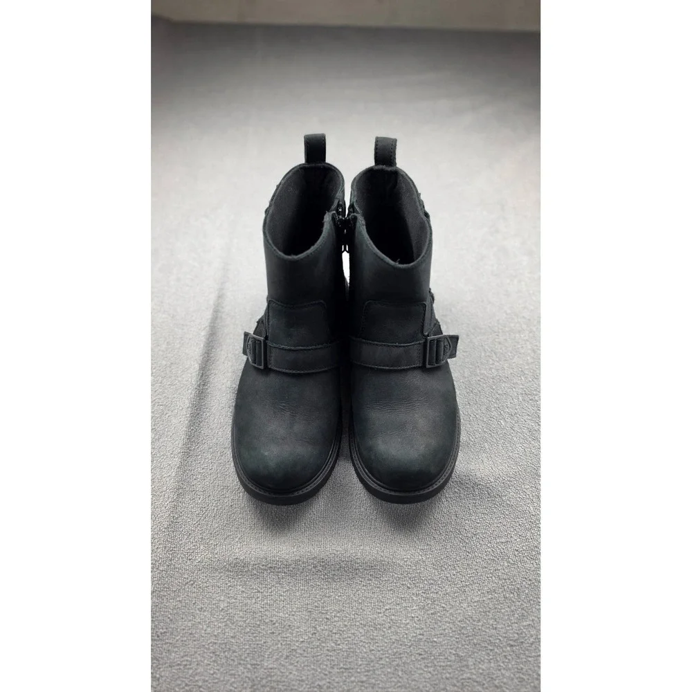 UGG Saoirse Black Leather Waterproof Moto Boots Buckle Details Women's‎ Size 6